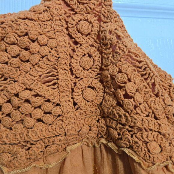 Lush Women M Tiered Midi Ruffle Trim Flowy Feminine Orange Fawn Crochet Dress - Picture 6 of 16